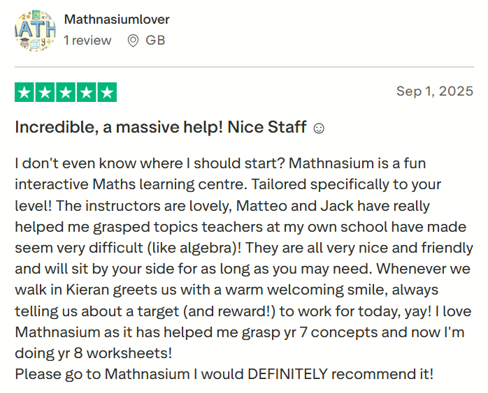A screenshot of Mathnasium review on Trustpilot saying the classes are fun and engaging.