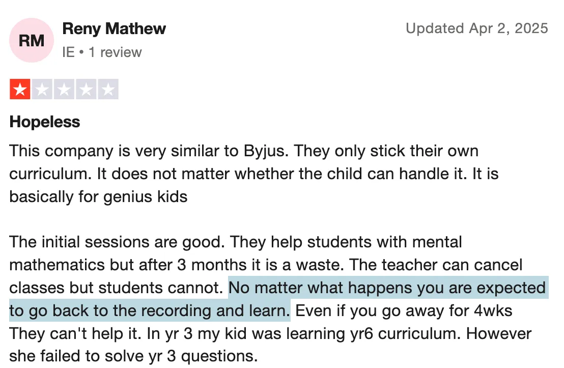 A screenshot of Bhanzu's review on trustpilot saying classes are just recordings.