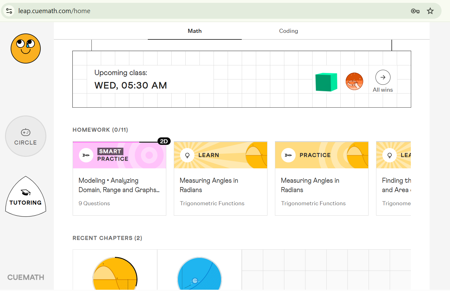Screenshot of a Cuemath student's profile showing his upcoming class schedule, curriculum, puzzles and more.
