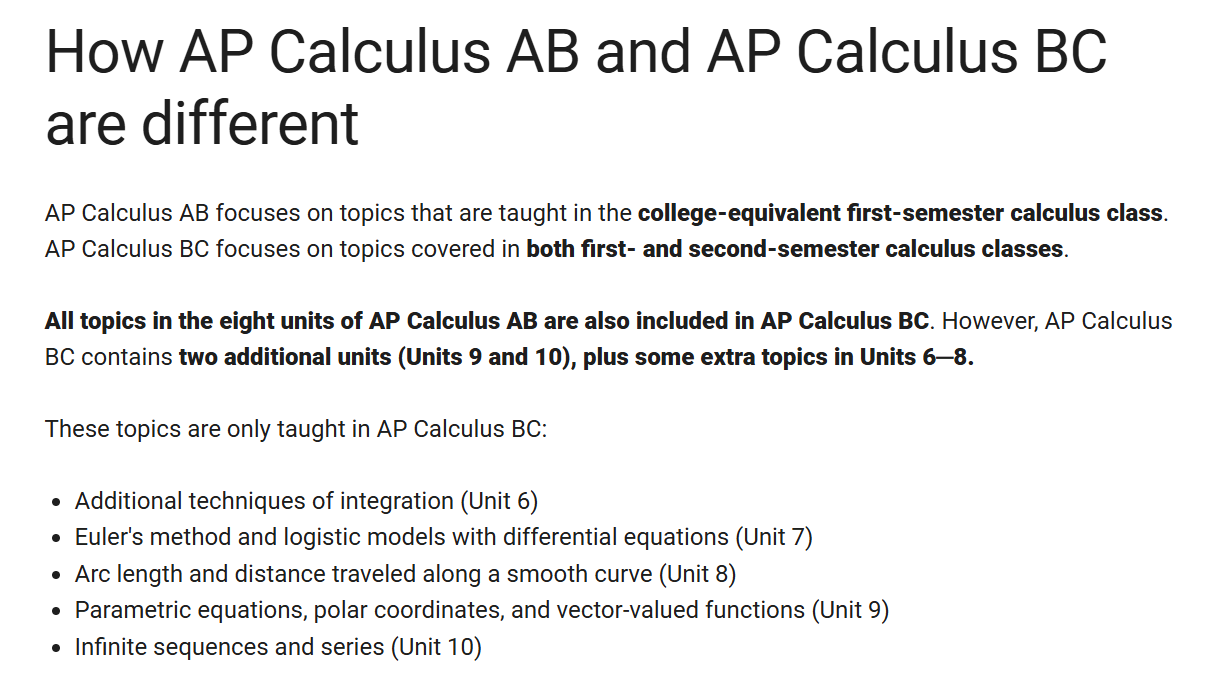 Screenshot from CollegeBoard describing the difference between AP Calculus AB and BC.