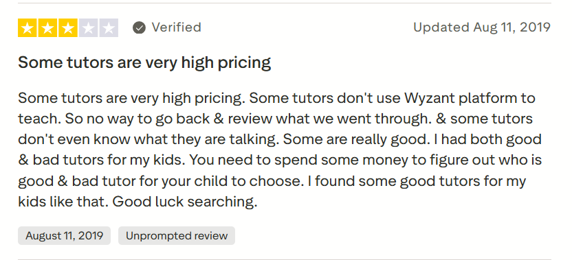 Screenshot of Wyzant Tutor Review on Trustpilot