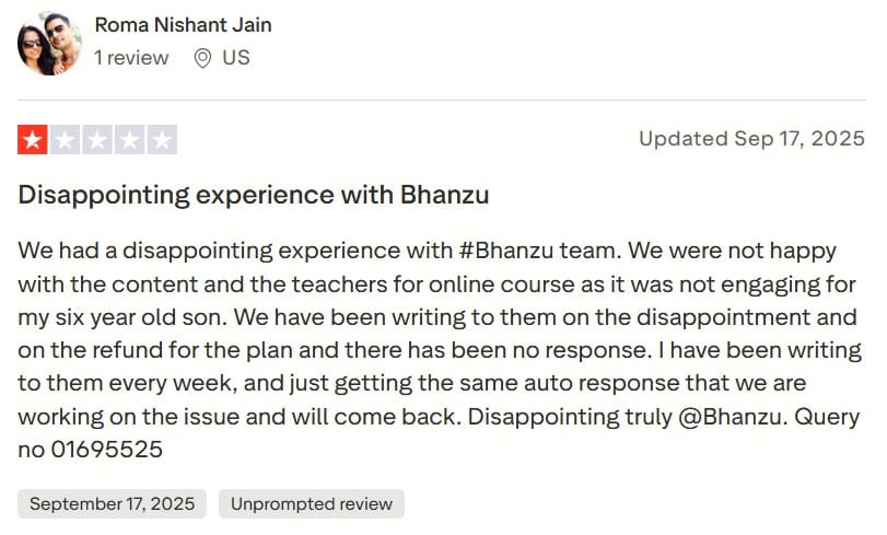 Screenshot of Bhanzu review about the lack of engagement on Trustpilot