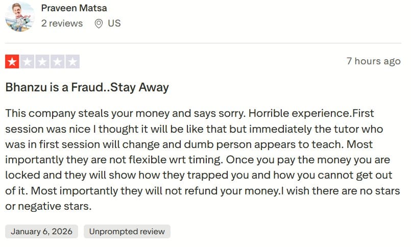 Screenshot of Bhanzu review about inconsistent tutors on Trustpilot