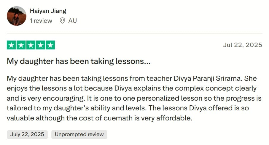 Screenshot of Cuemath review about the 1:1 tutoring on Trustpilot
