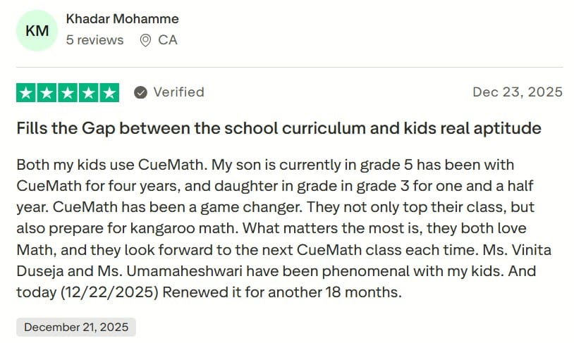 Screenshot of Cuemath review about tutor-student bond on Trustpilot