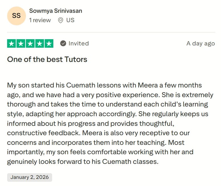 Screenshot of Cuemath review about the tutor on Trustpilot