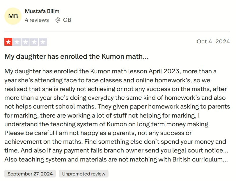 Screenshot of Kumon review about one-size-fits-all curriculum on Trustpilot
