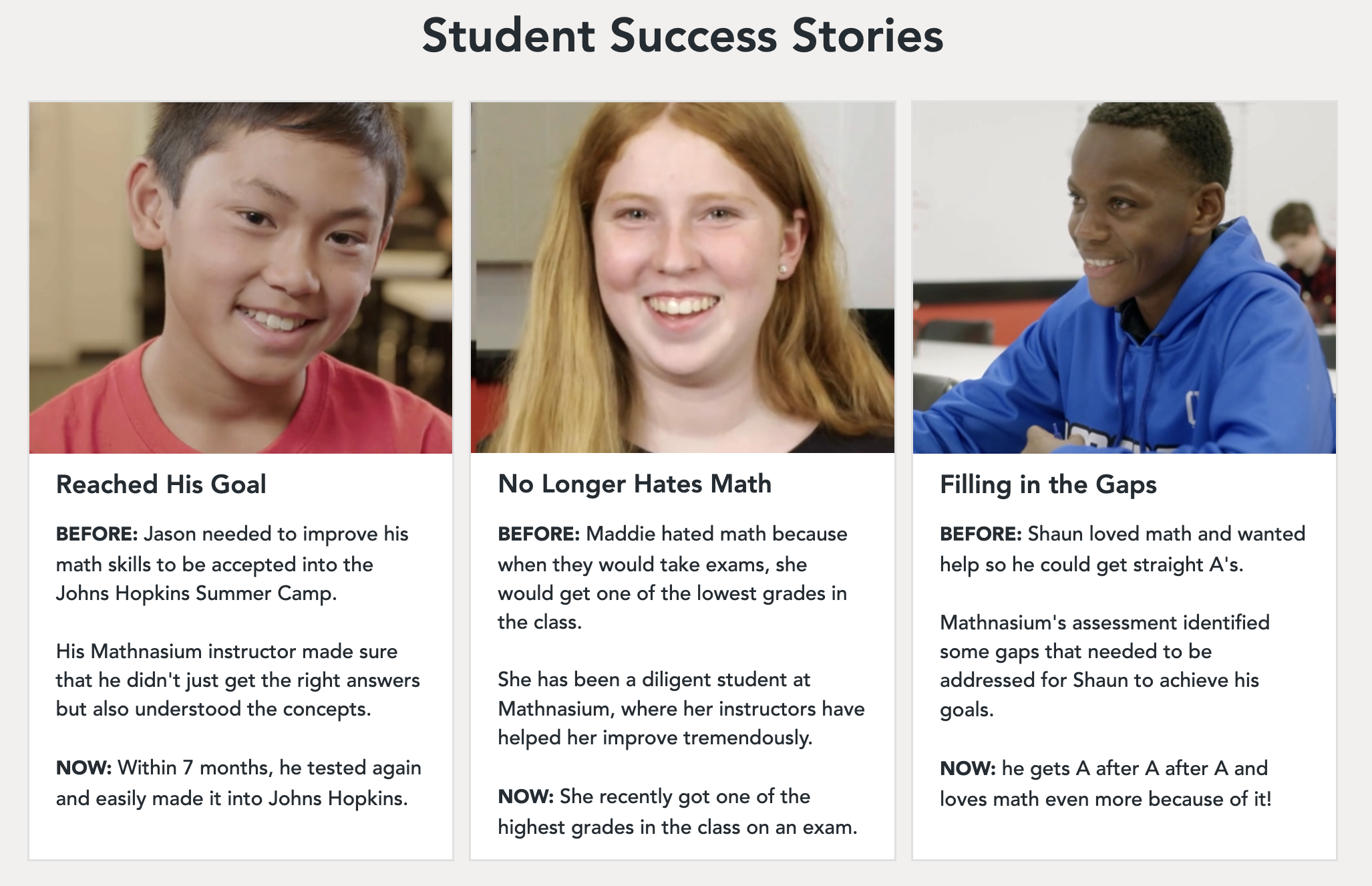 Screenshot of few student success stories we found on Mathnasium