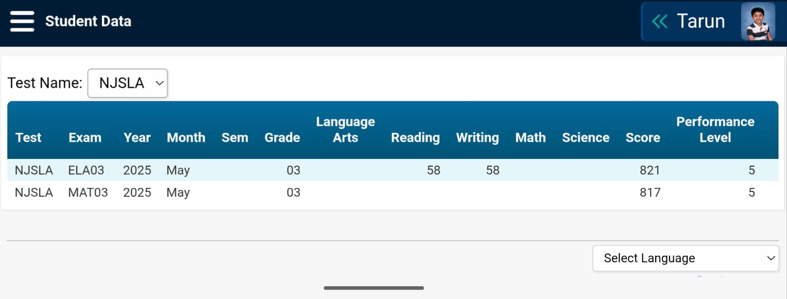 Tarun's NJSLA score report showing 817 in Math and 821 in ELA, both Performance Level 5, Grade 3, May 2025