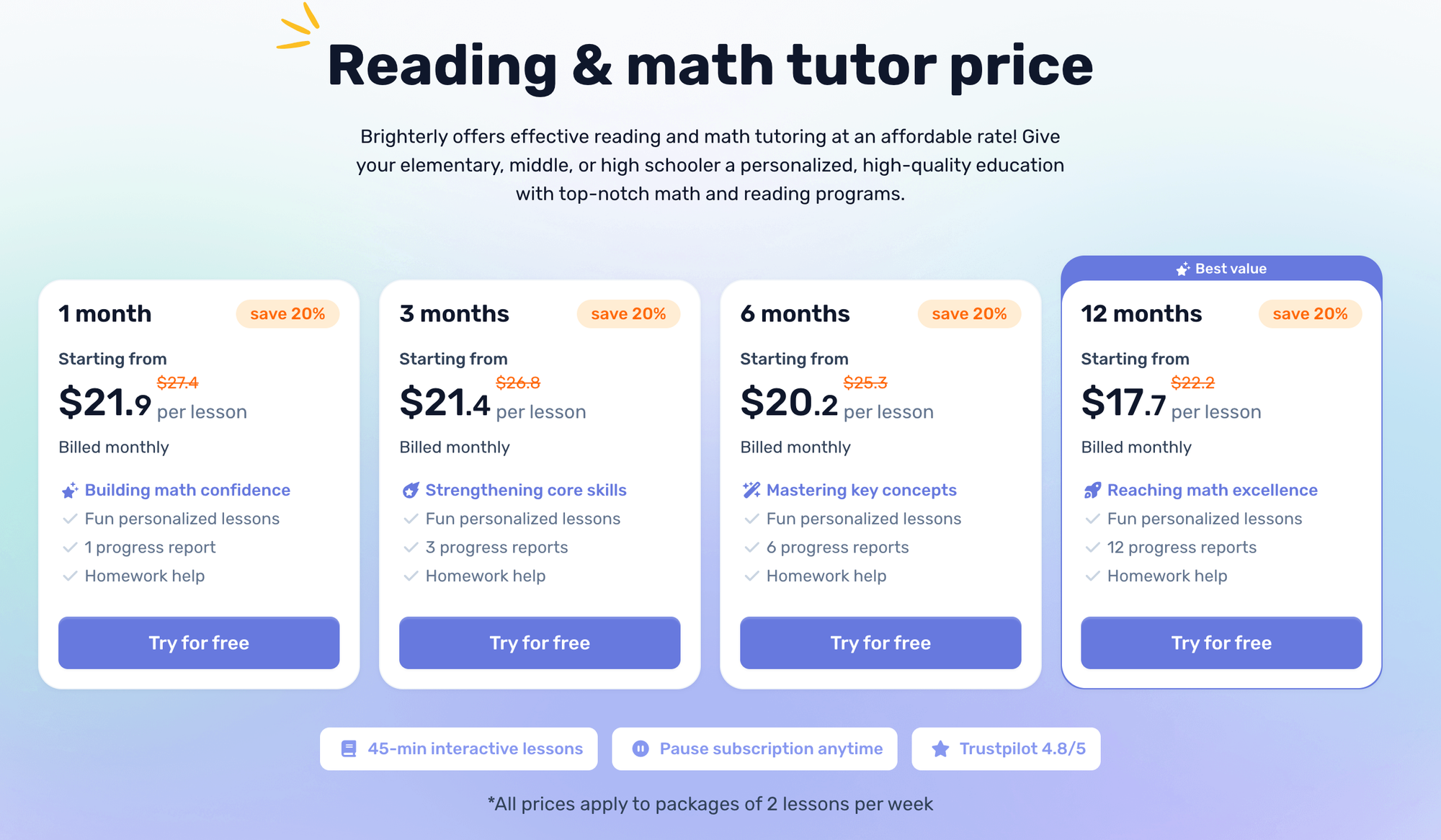 Screenshot of Brighterly pricing plans.
