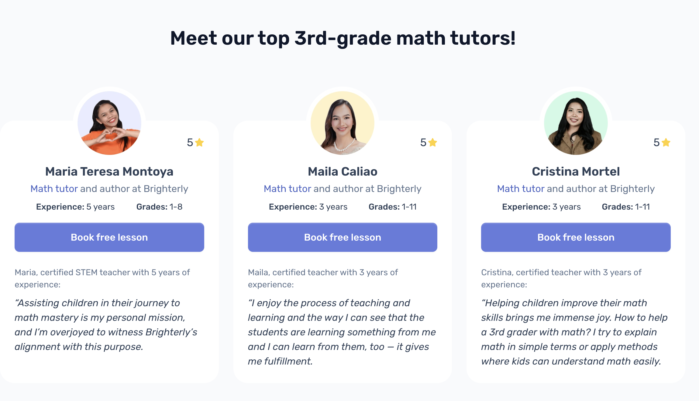 Screenshot of Brighterly tutors information on 3rd grade math page.