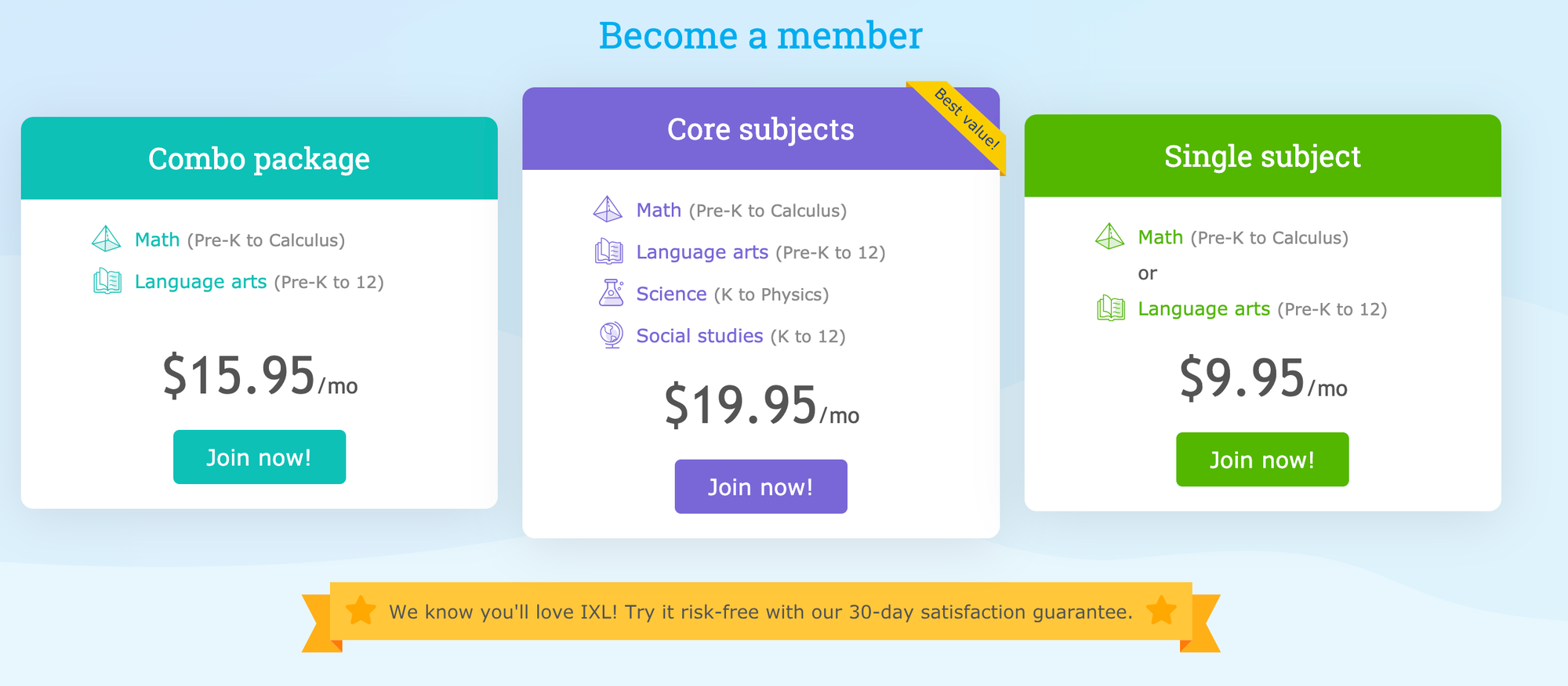 IXL pricing and plans for family members.