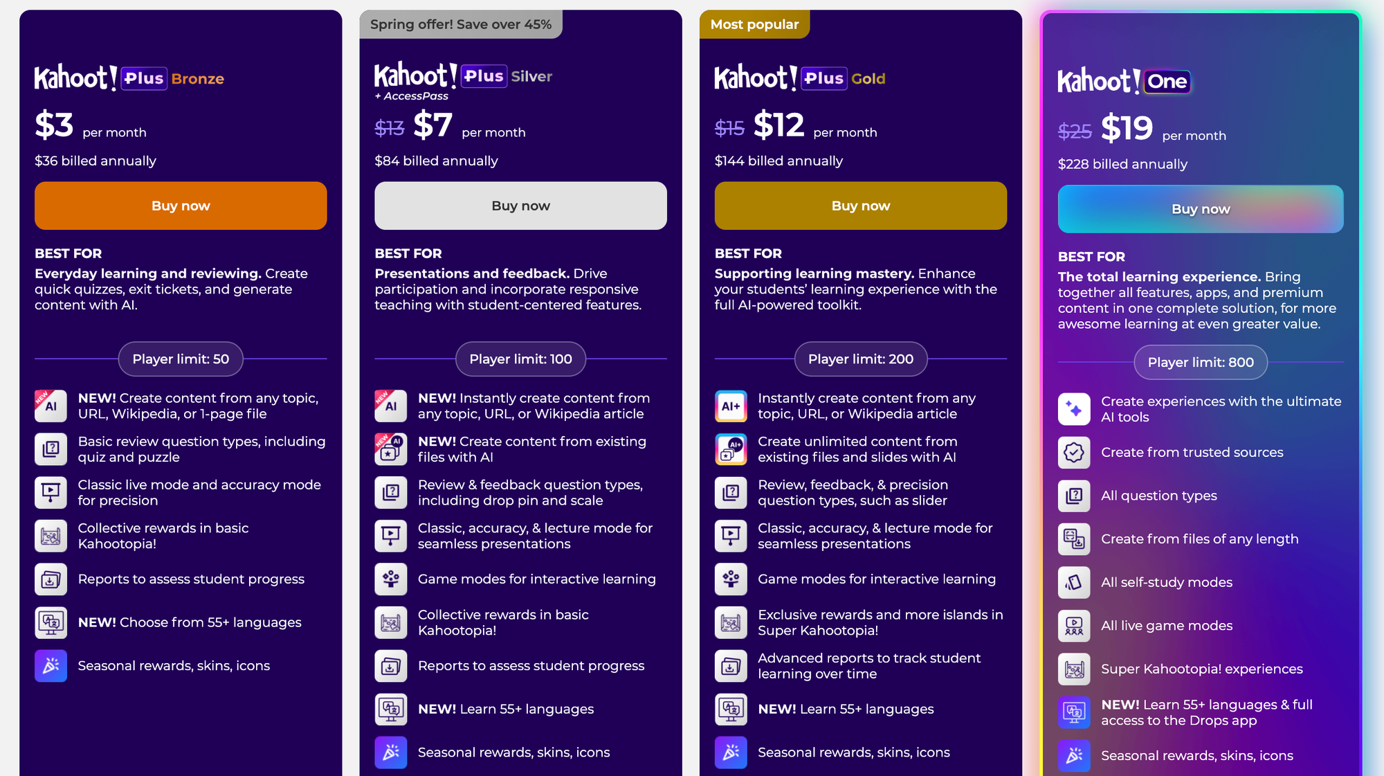 Image showing Kahoot pricing plans for students on the website.