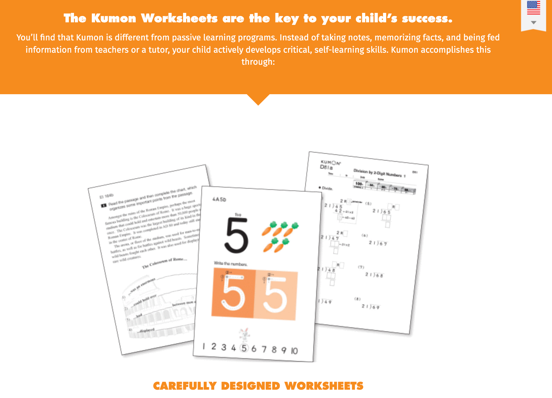 Kumon math worksheets showing division and reading exercises