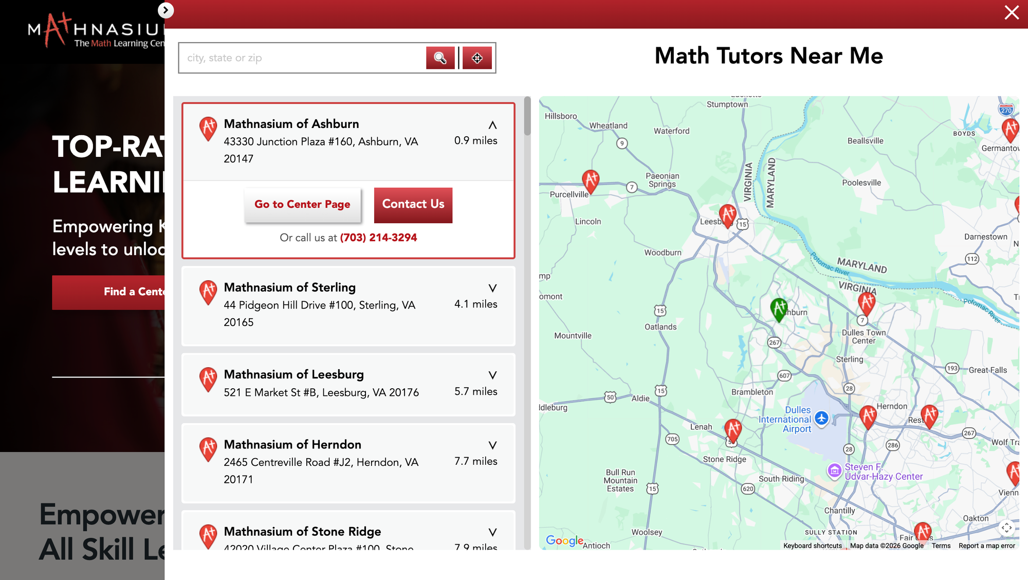 Screenshot of Mathnasium centres available.