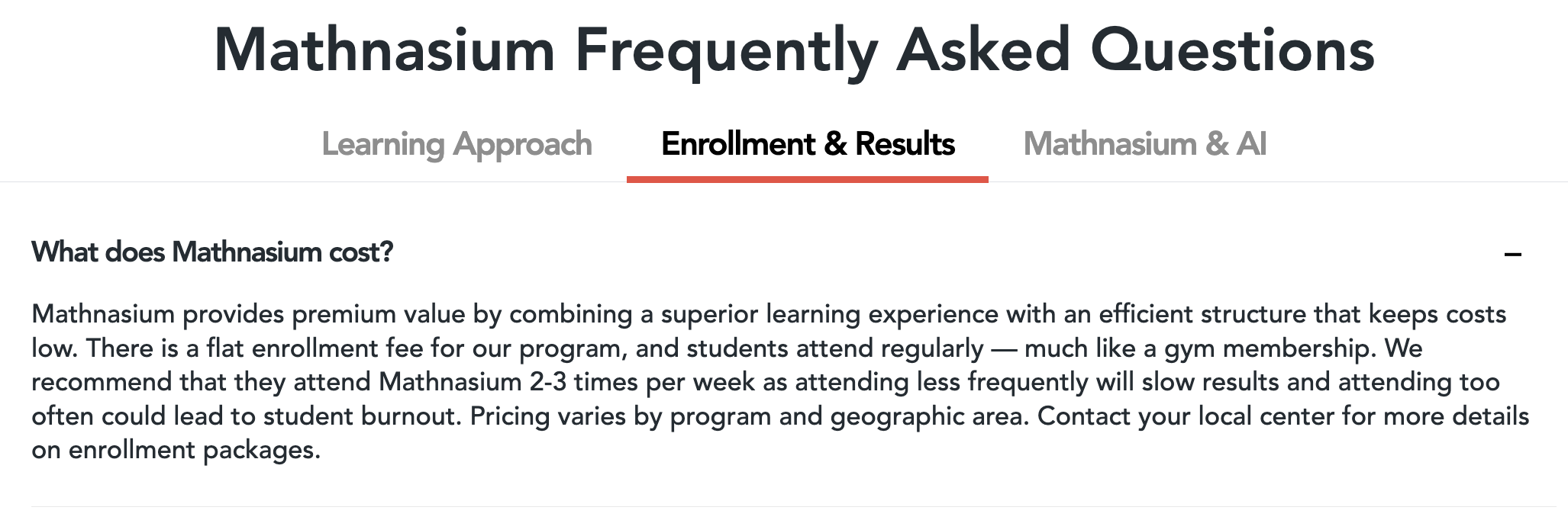 Mathnasium website FAQ showing pricing varies by program and geographic area