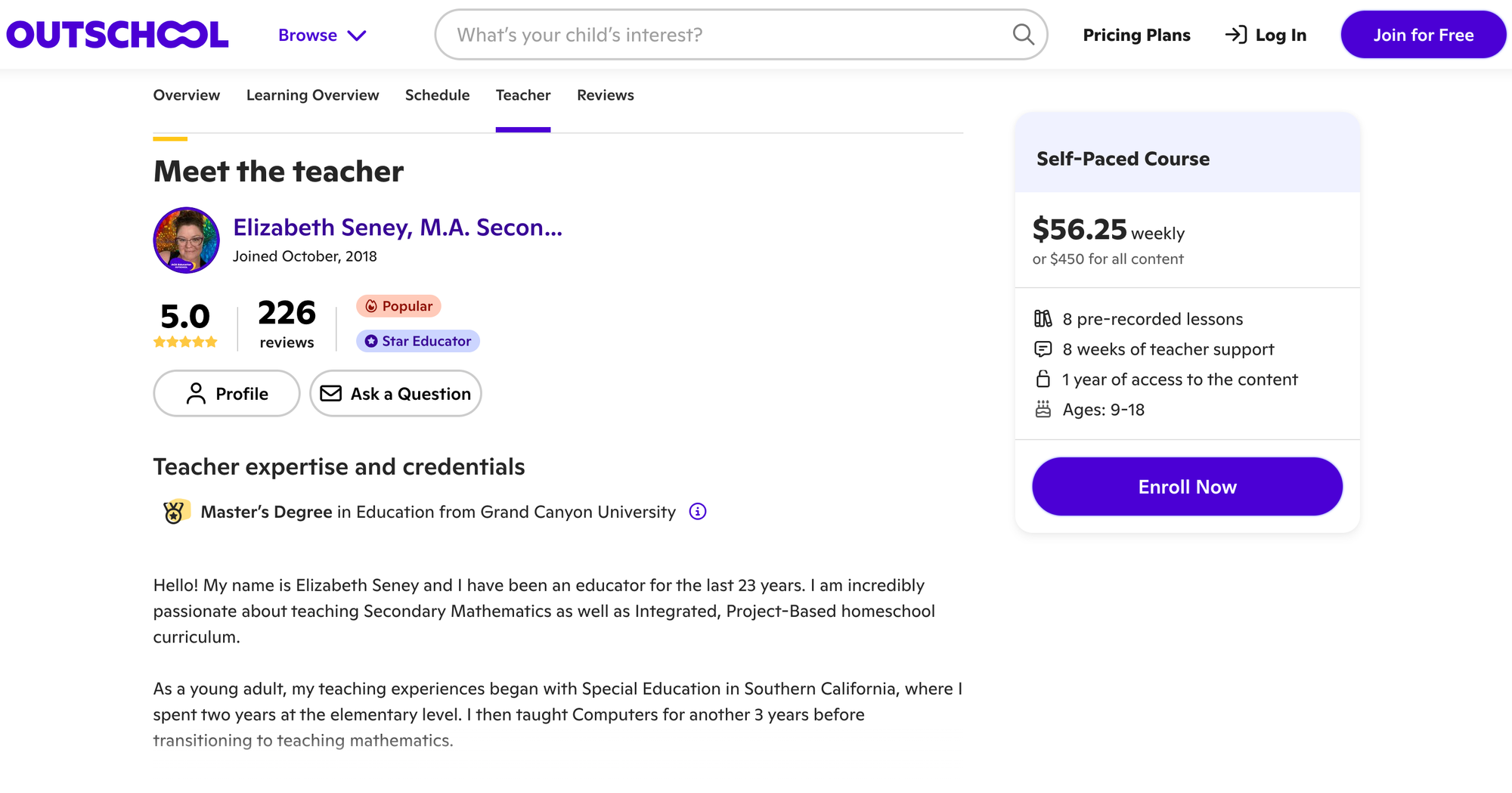 Outschool's 6th grade math tutor details and teaching format as listed on the website.