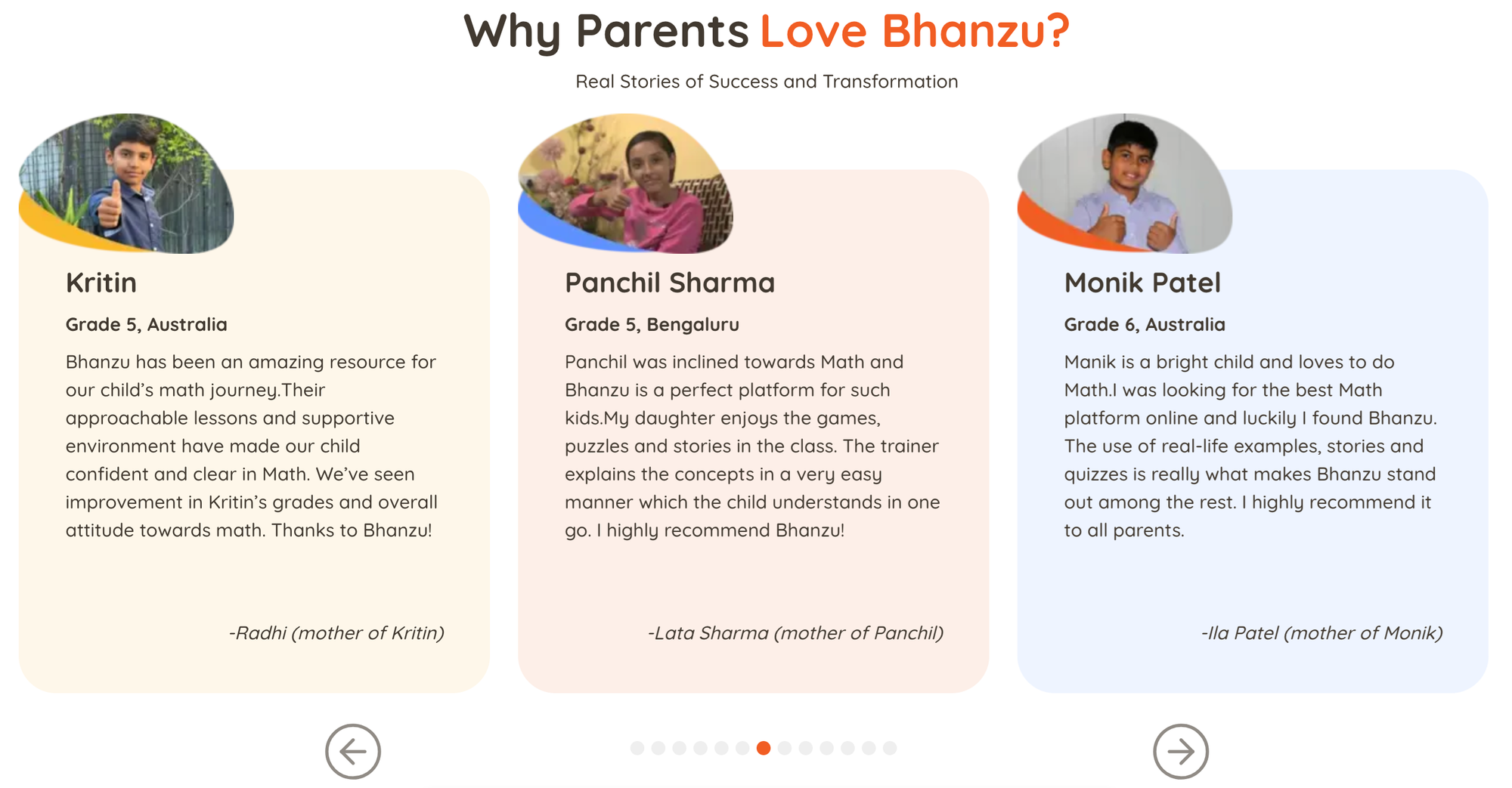 Bhanzu Parent Testimonials (Source: Bhanzu's Website)