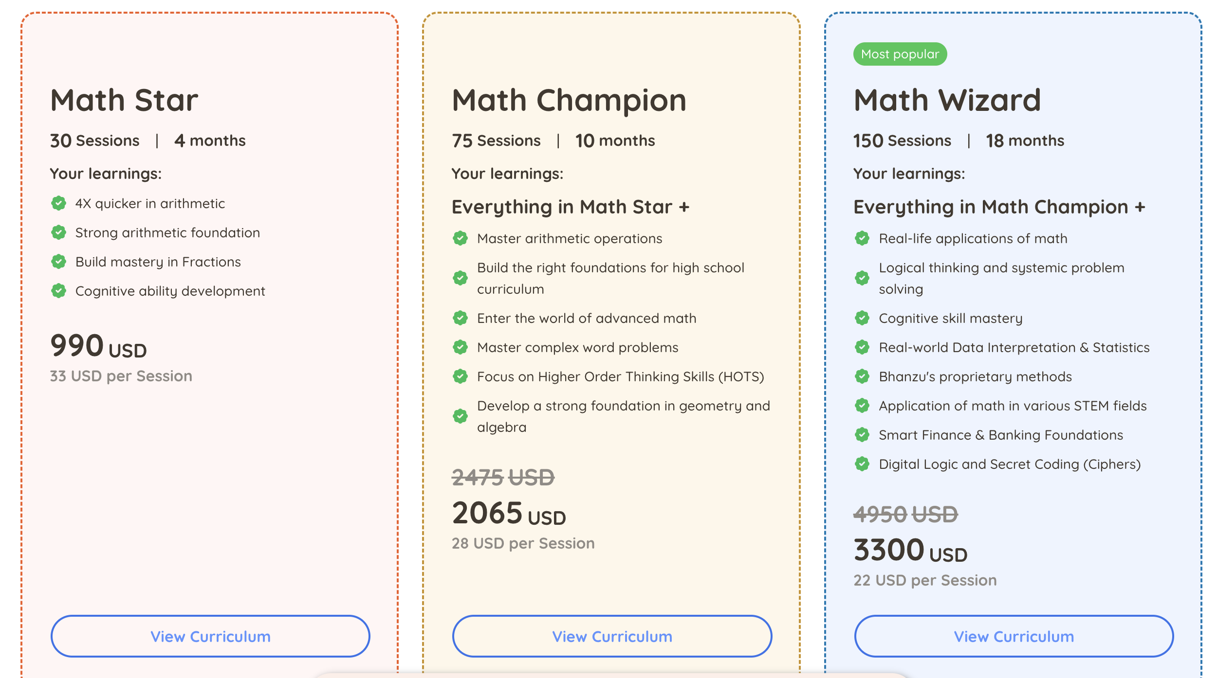 Screenshot of Bhanzu's prices per class listed on their website.