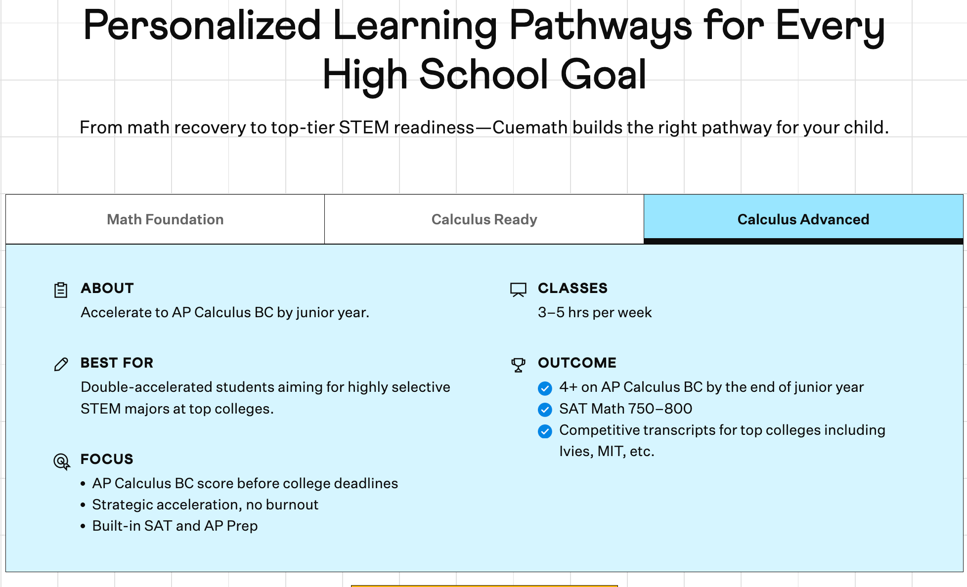 Screenshot from Cuemath's high school page showing how Cuemath personalizes high school pathways for every child.