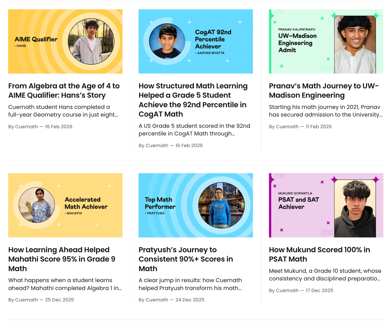 Screenshot of Cuemath student achievements blogs on their website