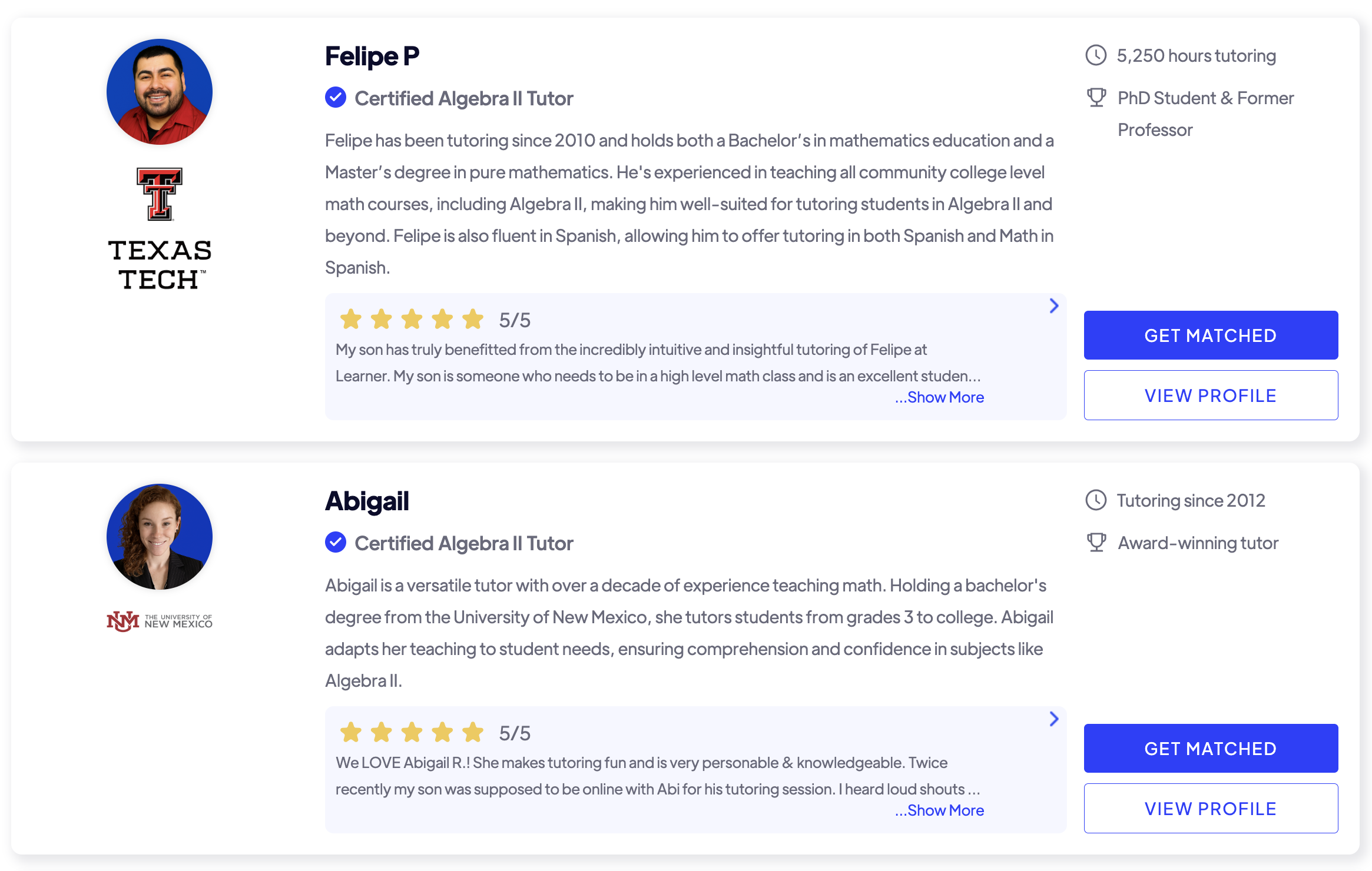 Screenshot of tutor profiles on their Algebra 2 tutoring page.