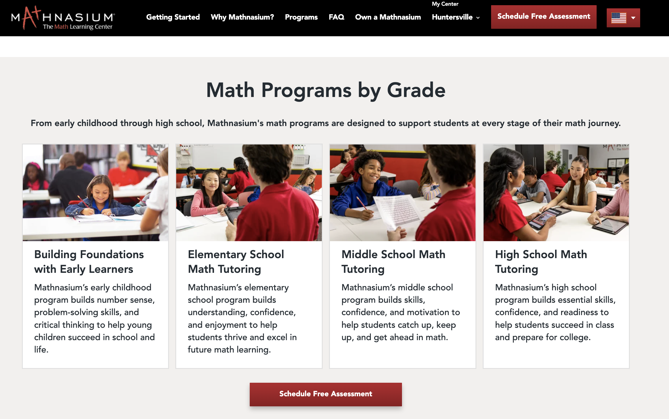 Screenshot of all tutoring options by Mathnasium