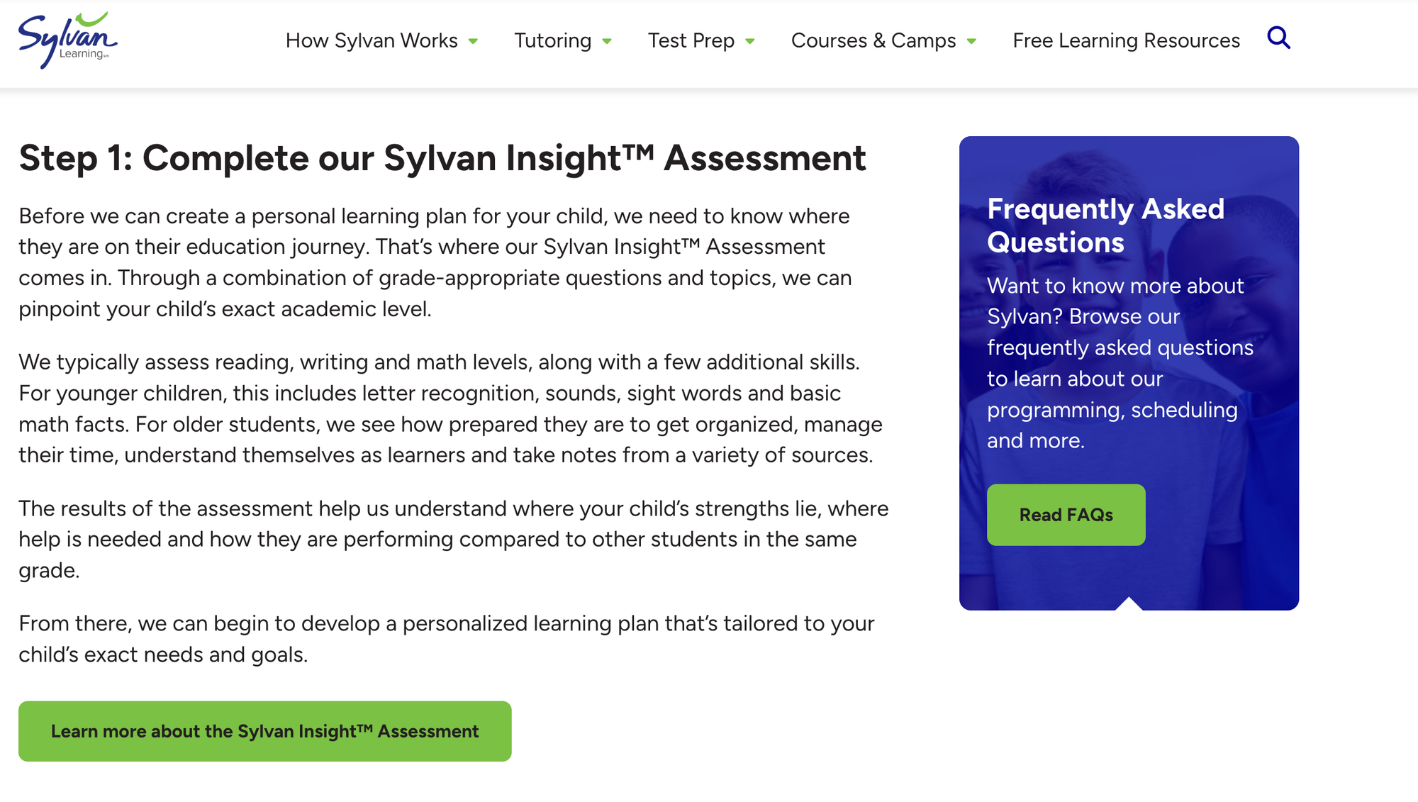 Information about Sylvan Learning assessment on their website.