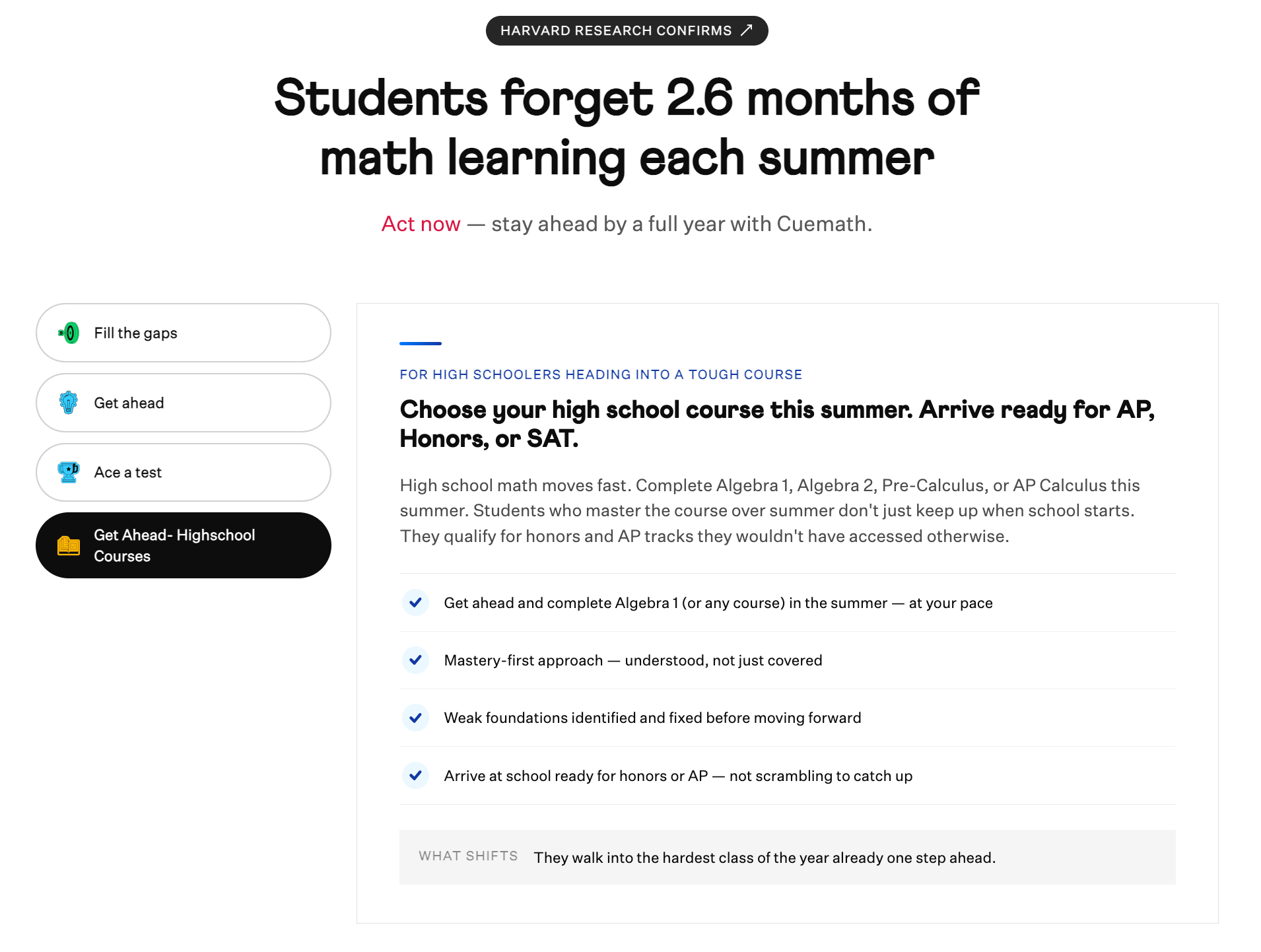 Screenshot about Cuemath's summer math program for high school students
