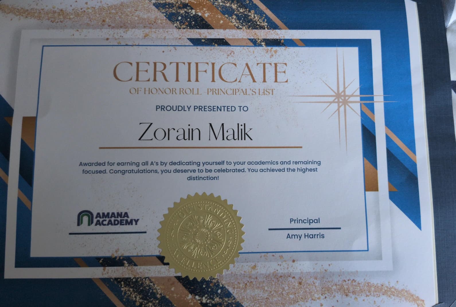 Zorain Malik Certificate of Honor Roll Principal's List, Amana Academy, Cuemath Grade 8 student