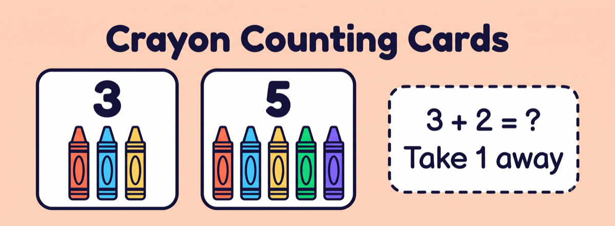 Crayon counting cards math activity showing number cards matched to real crayons with a 3 plus 2 addition prompt