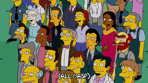 A whole crowd reacting in unison, everyone knows the answer