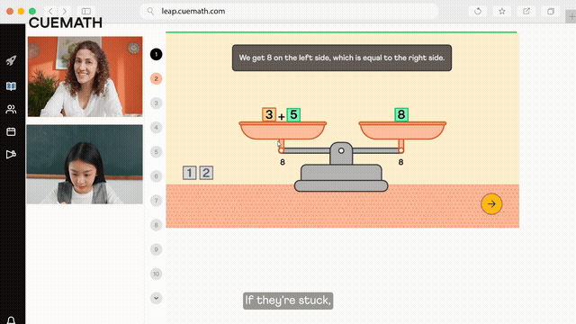 Cuemath platform tutor cueing a student through a problem instead of giving the answer