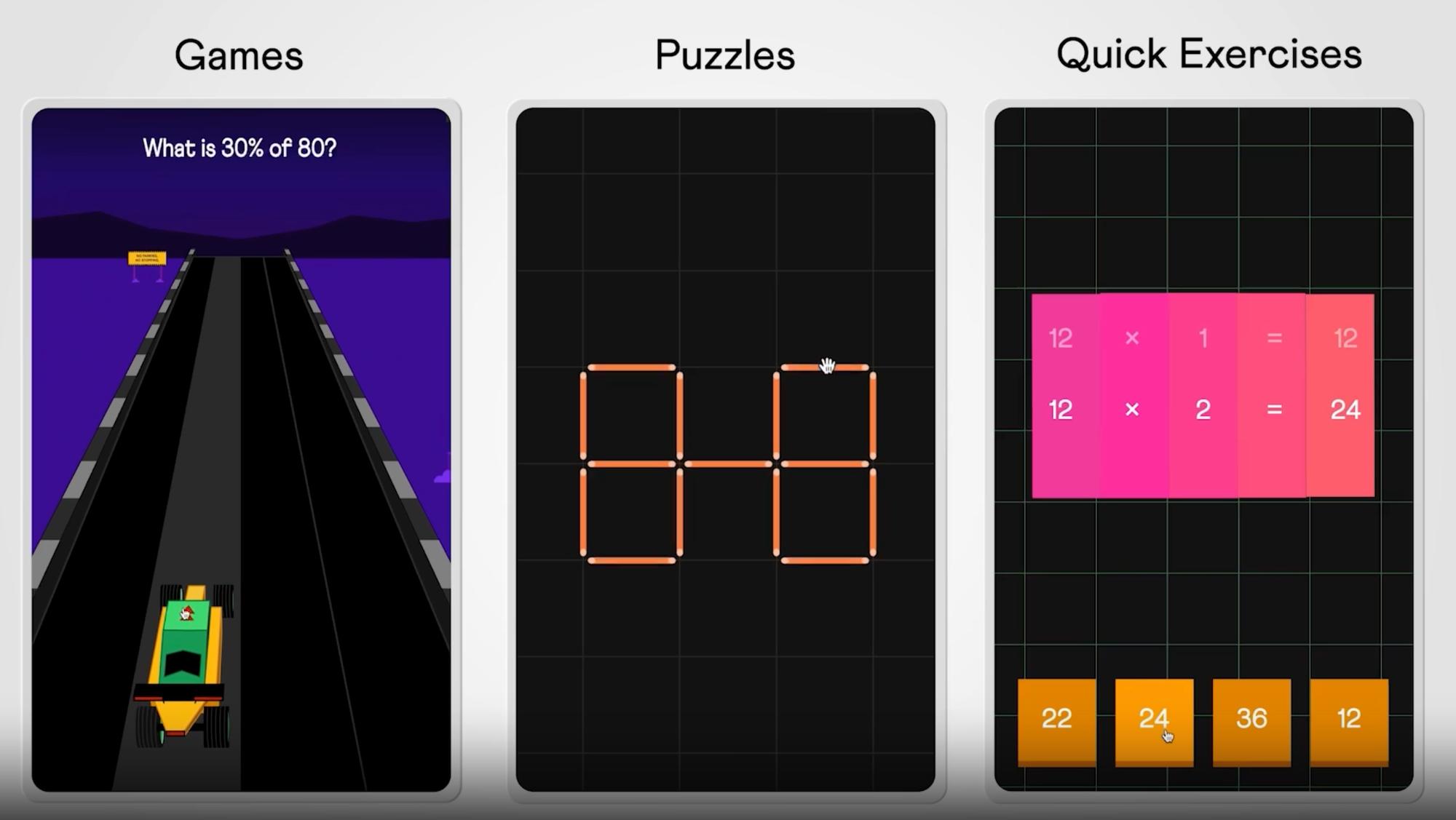 Three screens from the Cuemath app showing a racing math game, a matchstick puzzle, and a timed multiplication exercise