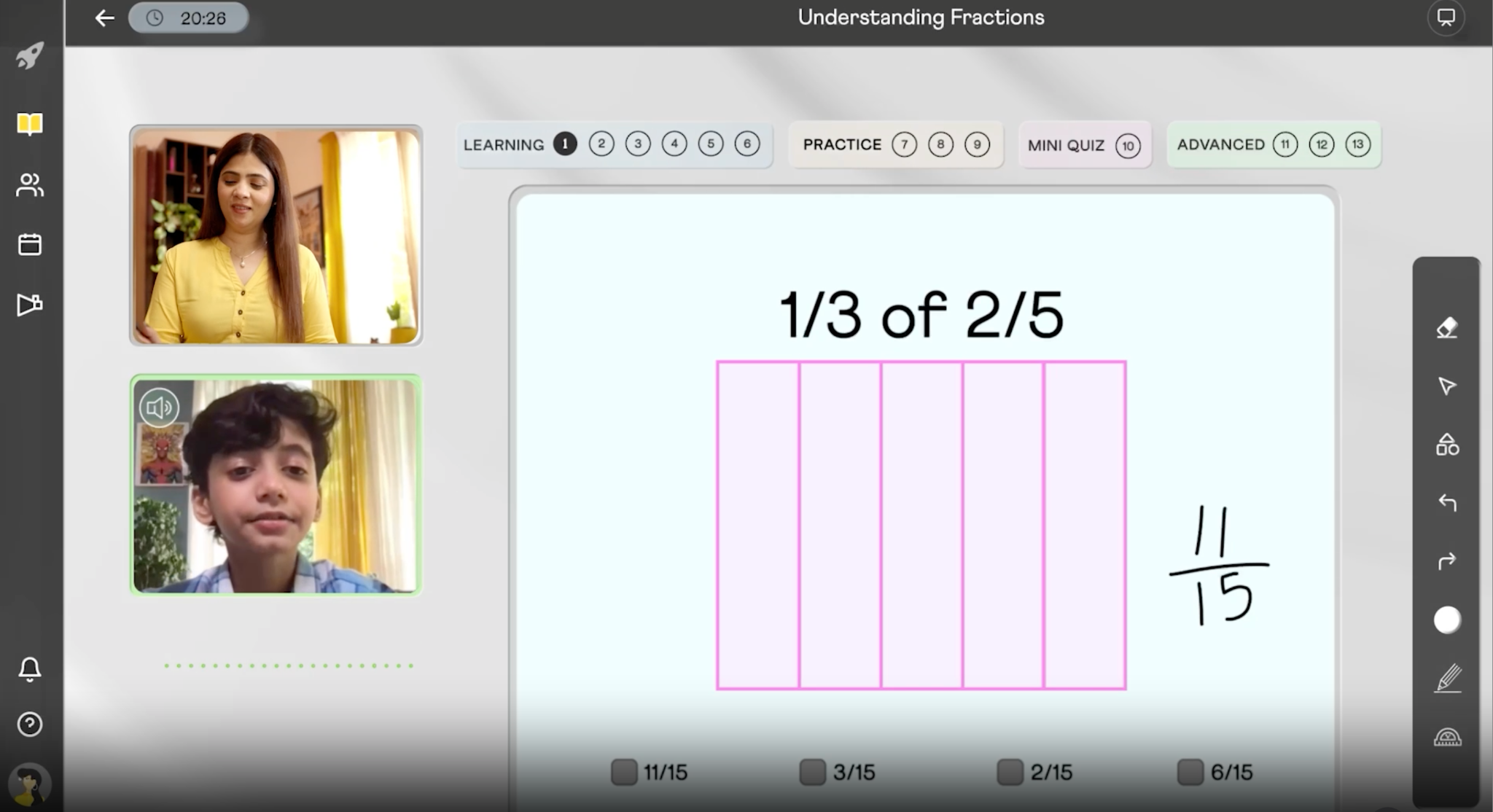 Cuemath tutor and middle school student working through a fractions problem together on the live class whiteboard