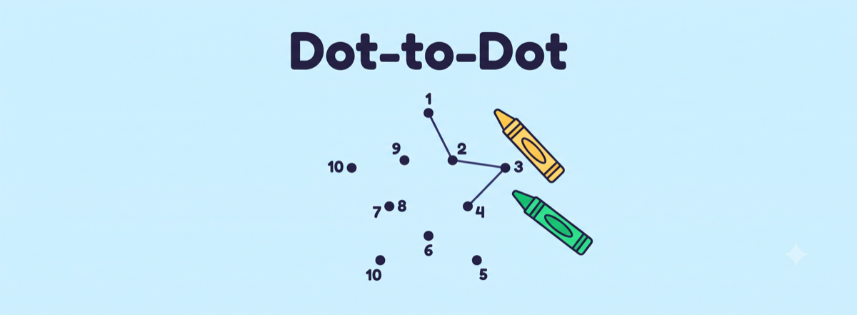 Dot-to-Dot kindergarten counting activity with numbered dots 1 to 10 partly connected by a line and two crayons