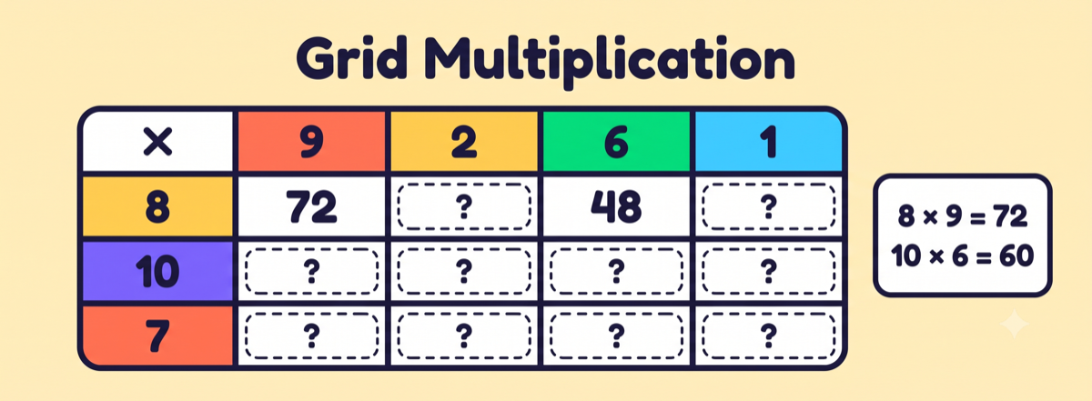 Grid multiplication puzzle where students multiply row headers by column headers to fill the missing products