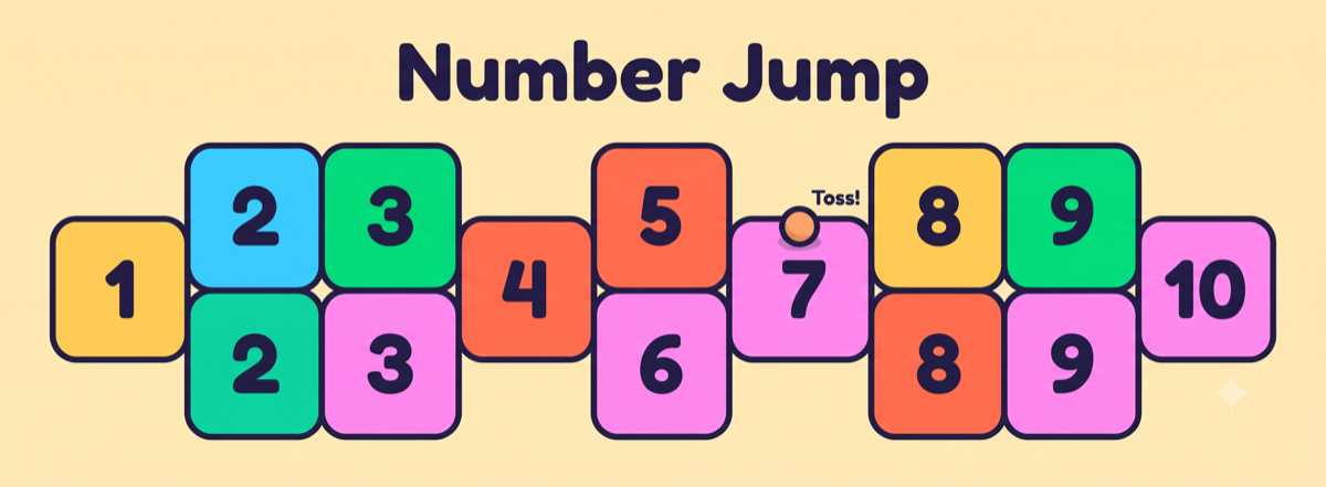Number Jump hopscotch grid for kindergarten counting with colorful squares numbered 1 to 10 and a beanbag to toss