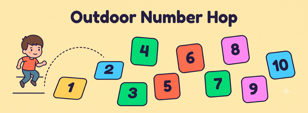 Outdoor Number Hop math activity showing colorful numbered squares 1 to 10 scattered on the ground with a child hopping toward one