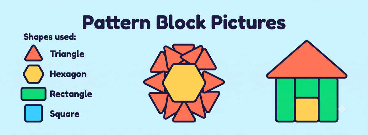 Pattern block pictures math activity with a hexagon flower and a house built from named 2D shapes, plus a shapes-used legend