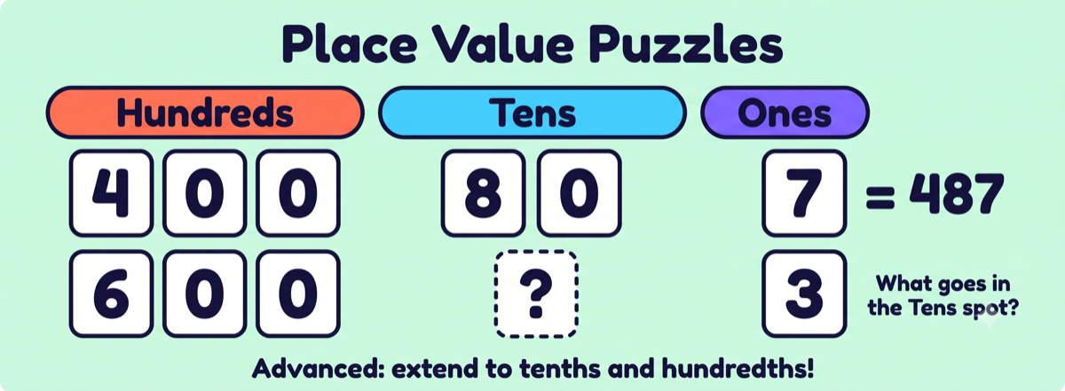 Place value puzzle activity where students build numbers under Hundreds, Tens, and Ones columns, such as 400 plus 80 plus 7 equals 487