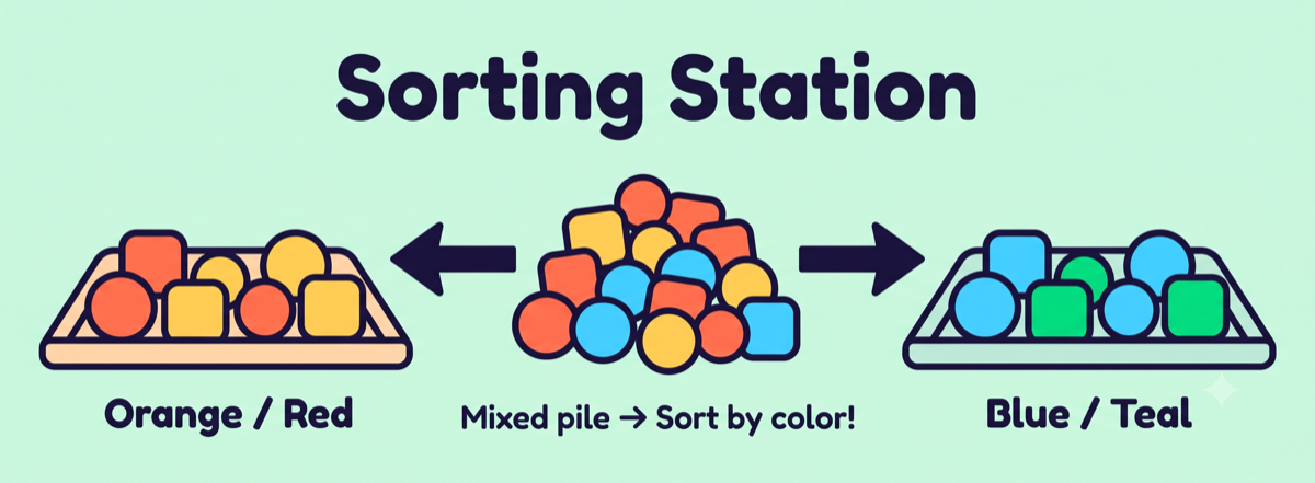 Sorting Station kindergarten activity with a mixed pile of colorful shapes sorted by color into an Orange Red tray and a Blue Teal tray