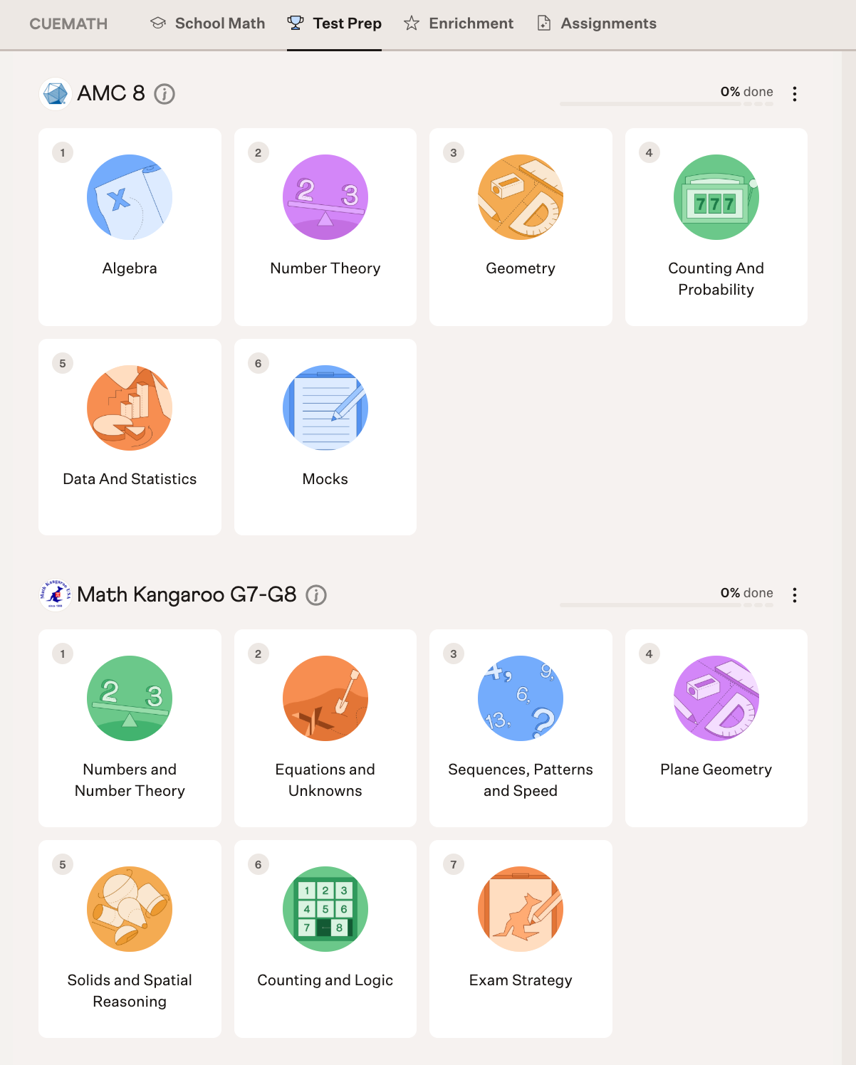 The Cuemath app's test-prep section, which includes AMC 8 and other test prep courses by grade.