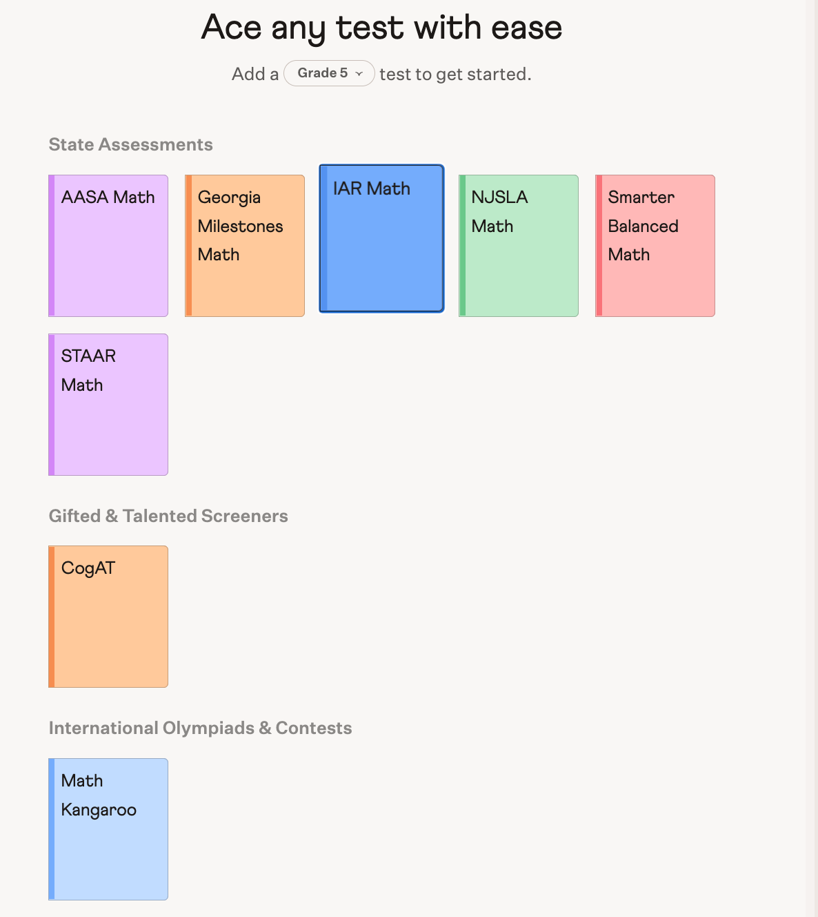 The Cuemath app's test prep section, showing the CogAT gifted screener listed alongside state assessments like STAAR and NJSLA, and the Math Kangaroo olympiad.