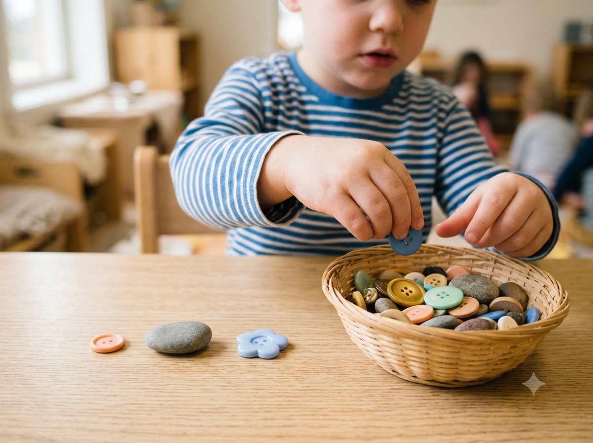Child's hands counting a row of colorful buttons pulled from a basket