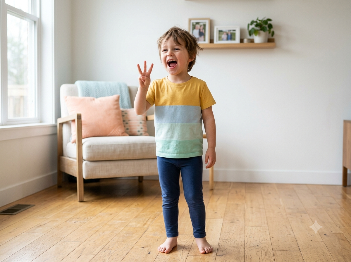 Preschooler singing and counting down on their fingers during a counting song at home