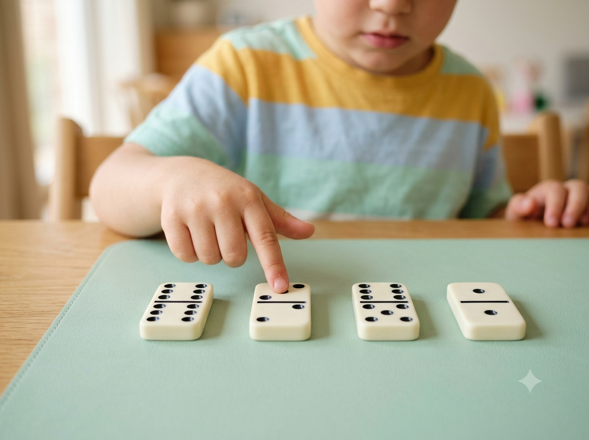 Child's hand counting the dots on a row of dominoes on a table
