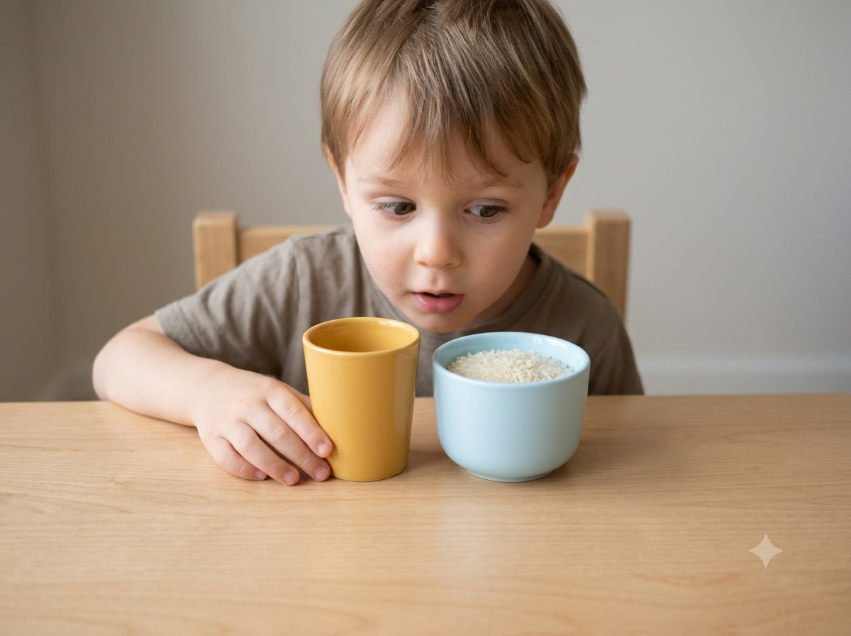 Child comparing an empty tall cup and a short wide cup partly filled with rice to see which held more