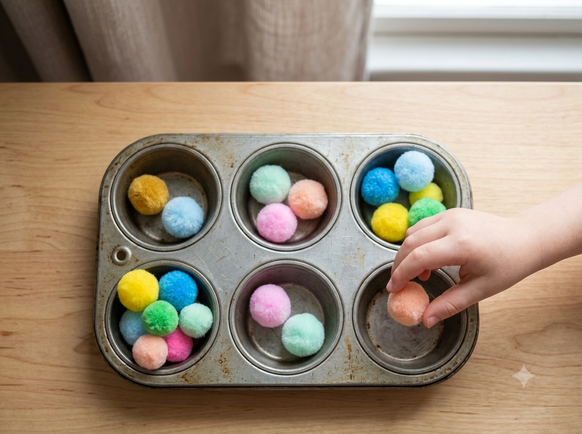 Child's hand dropping a pom-pom into a muffin tin cup while counting and sorting