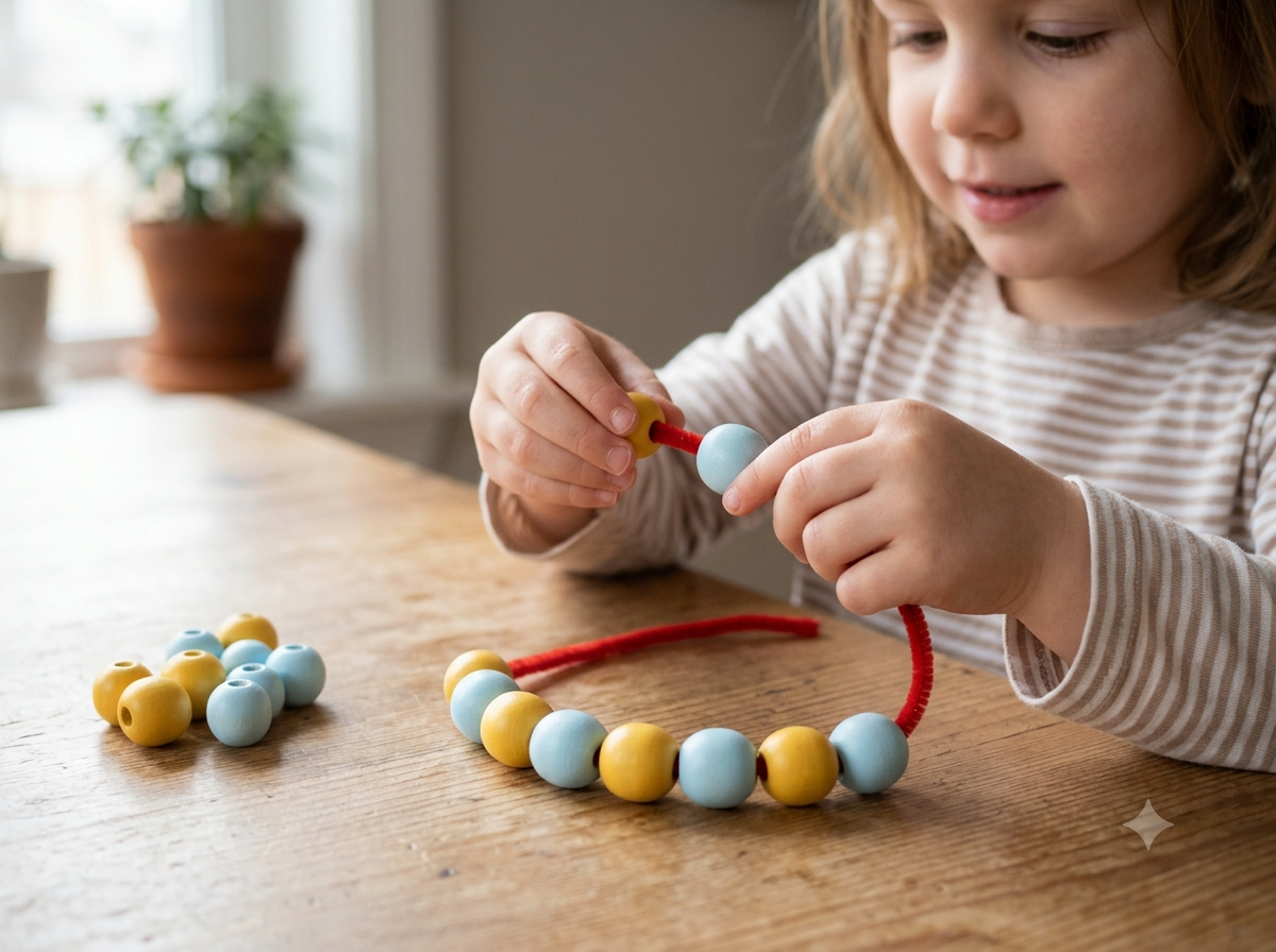Child's hands threading a repeating yellow and blue bead pattern onto a necklace